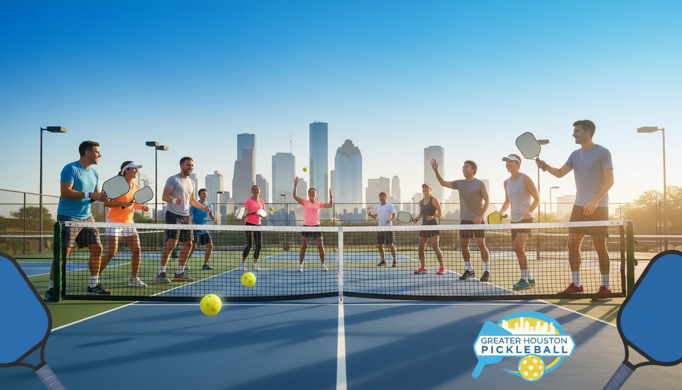 A group of people play pickleball on outdoor courts with the Houston city skyline in the background; a "Greater Houston Pickleball" logo is visible.