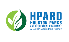 Logo for HPARD, Houston Parks and Recreation Department, CAPRA accredited, with a green leaf graphic on the left and blue text on the right.